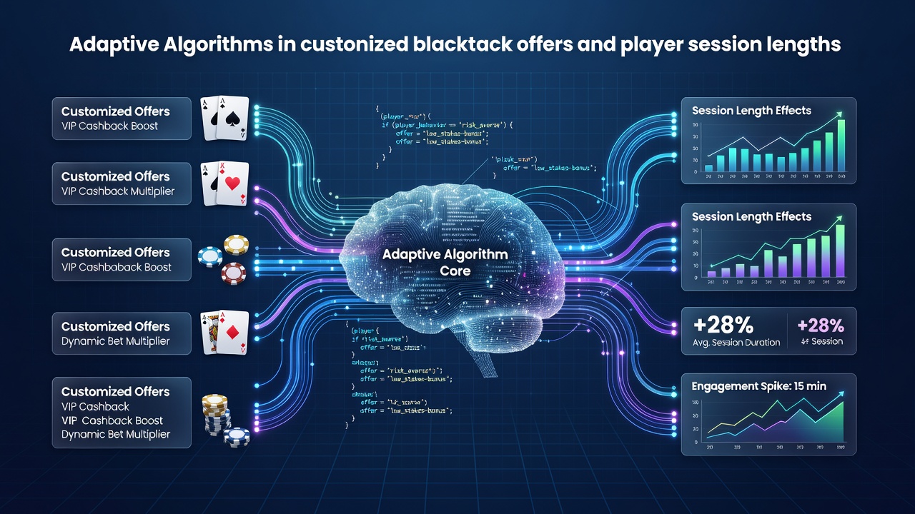 Digital casino interface displaying customized blackjack promotions generated by adaptive algorithms