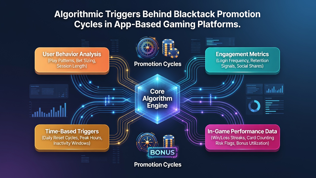 Data visualization dashboard showing algorithmic promotion cycles with graphs of player engagement metrics and bonus activation points
