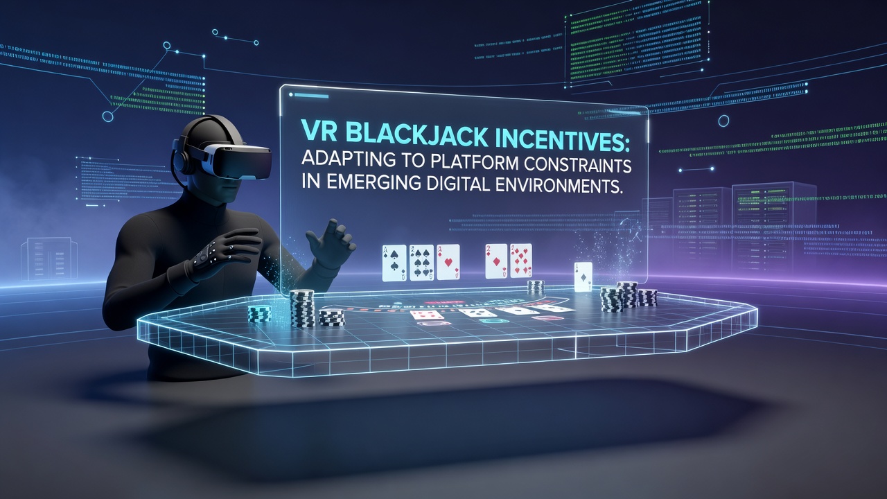 Player engaging with VR blackjack interface showing adaptive bonus elements and platform constraint indicators