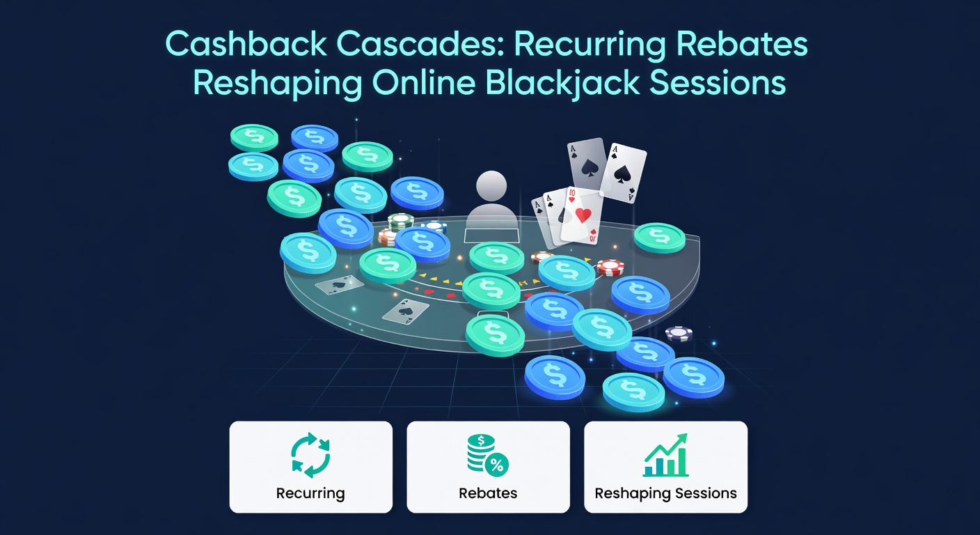 Digital graphic showing cascading cashback coins flowing into a blackjack table, symbolizing recurring rebates in online play
