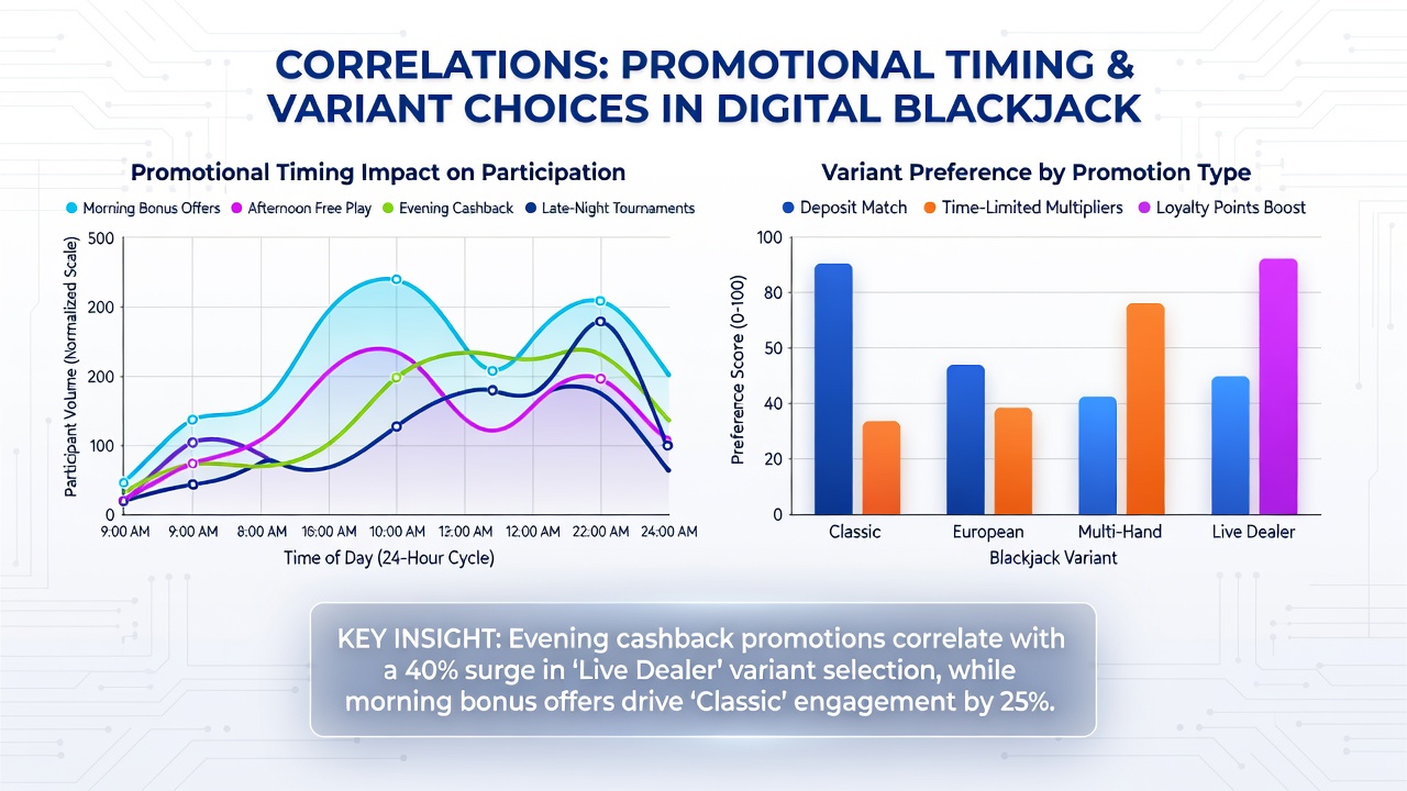 Analytics dashboard displaying timing correlations between promotions and blackjack variant selections across user segments