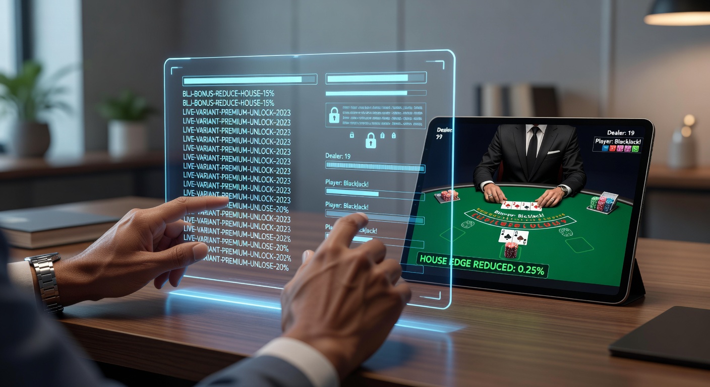 Illustration of bonus code sequences applied to live blackjack tables showing reduced house edge indicators