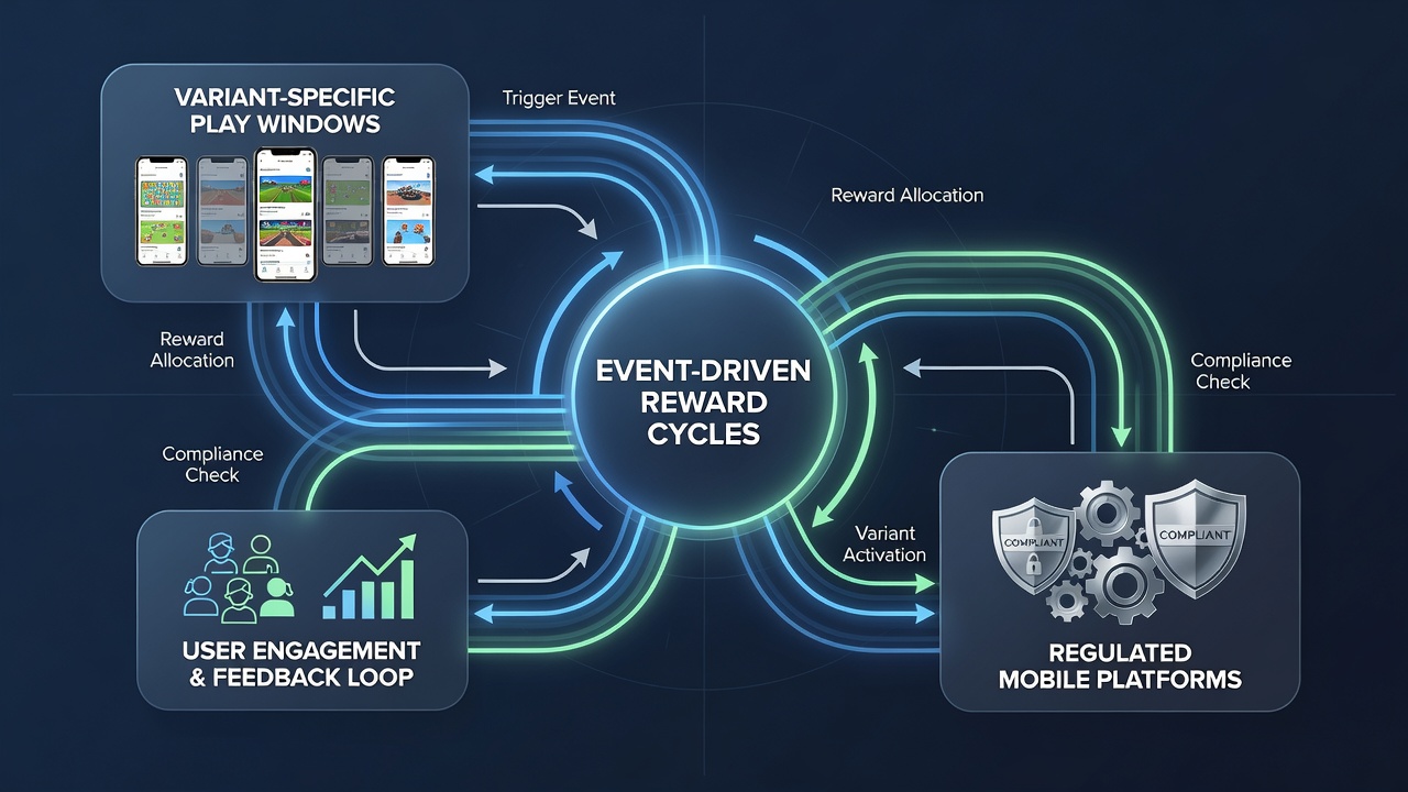 Timeline graphic illustrating event-driven reward cycles and variant play windows on mobile devices