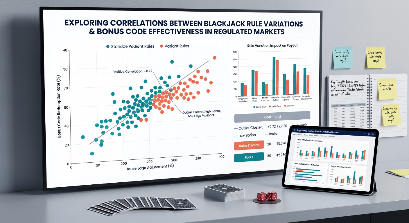 Data visualization of bonus code performance metrics correlated with blackjack rule variations across multiple regulated markets