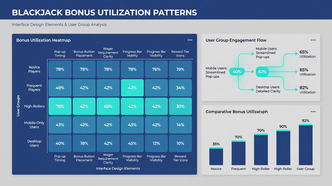Detailed view of mobile blackjack app screens displaying varied interface layouts for bonus sections across user demographics
