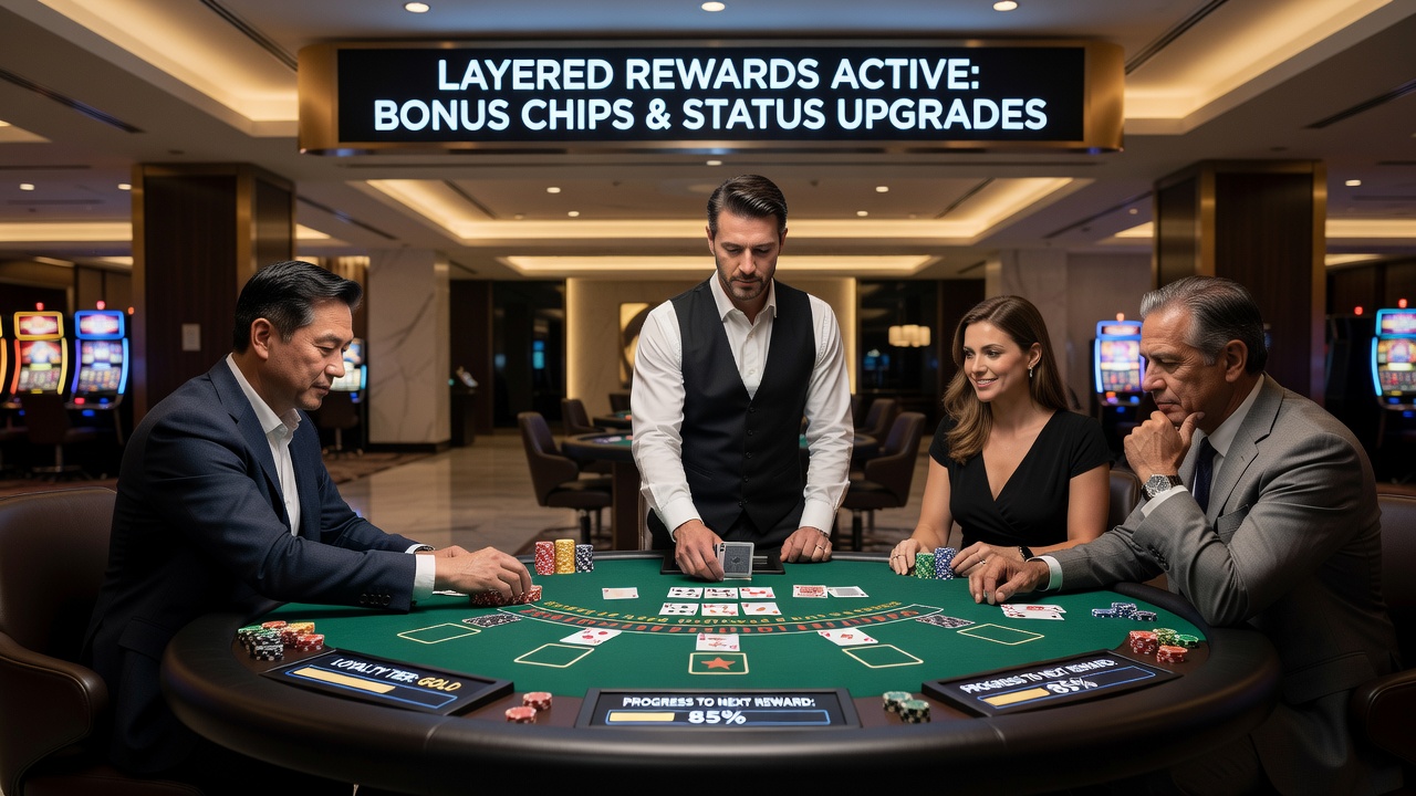 Player interface showing layered rewards dashboard during live blackjack session