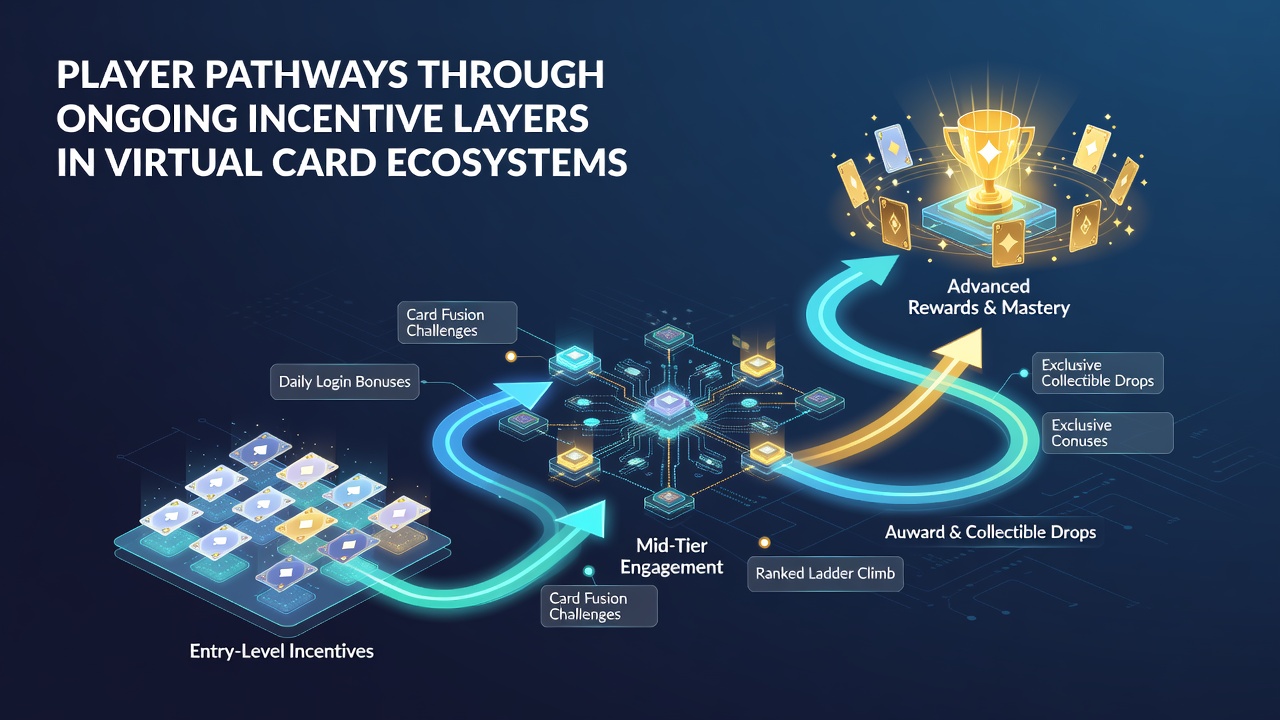 Diagram illustrating multi-level reward structures and player progression in digital card ecosystems