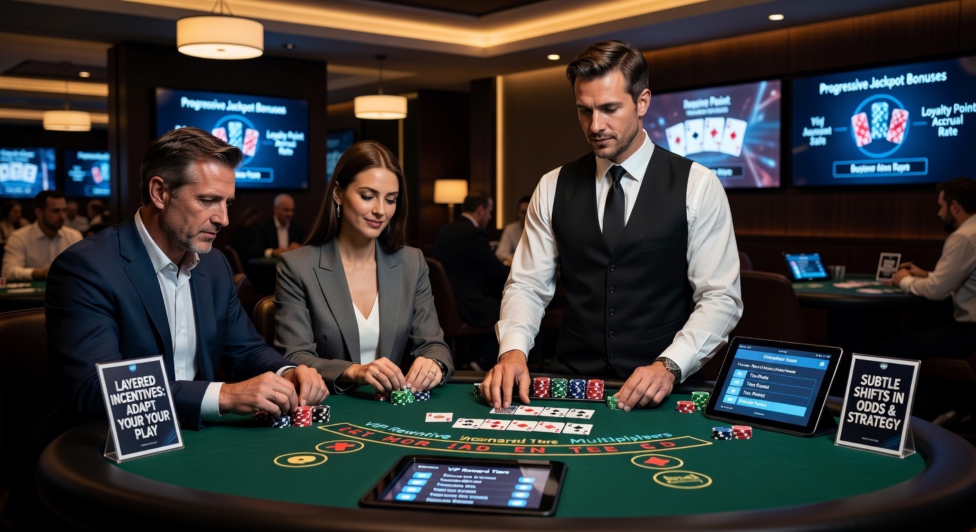 Blackjack table with promotional overlays showing tiered rewards and incentive structures