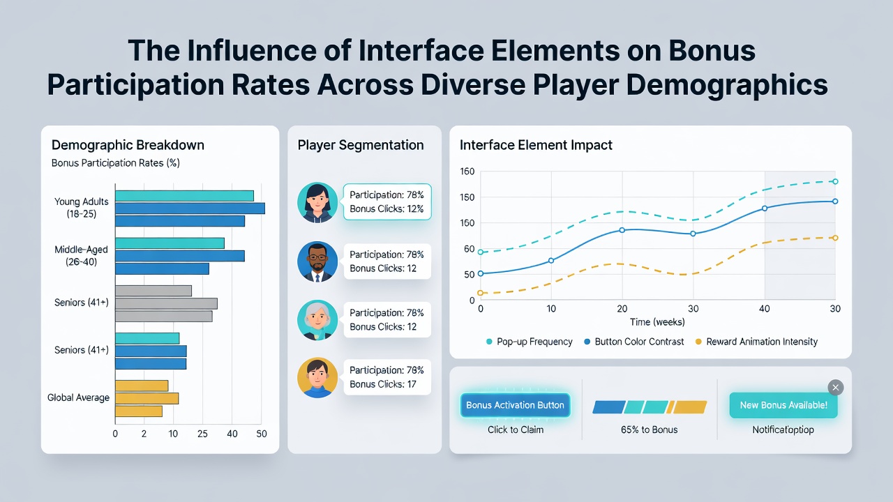 Demographic breakdown charts overlaid on blackjack bonus interface examples for different player segments